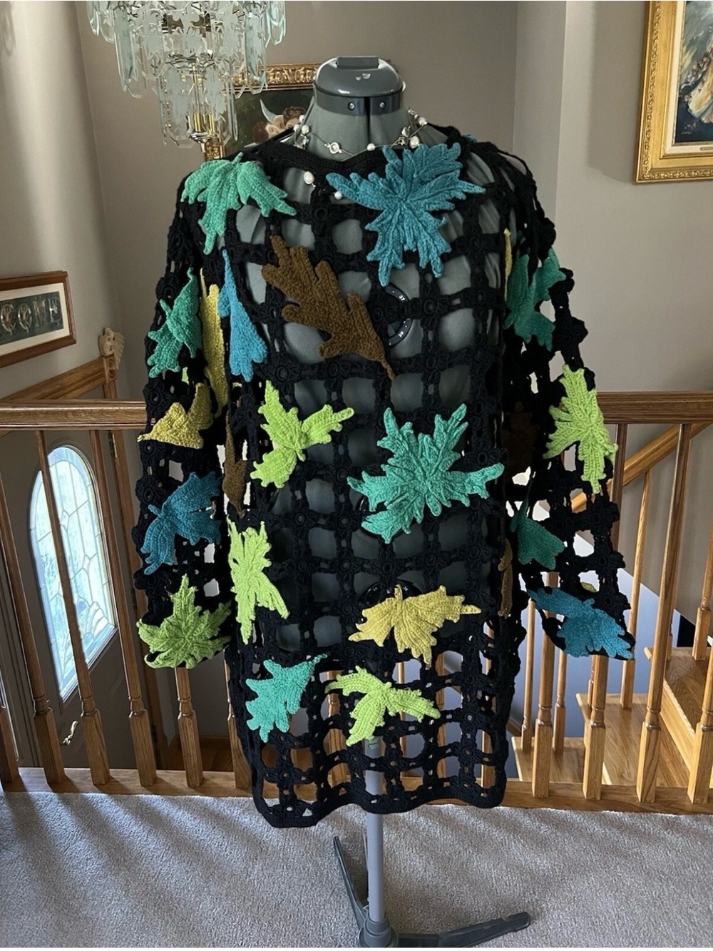 Michael Simon L XL XXL Open Knit Crochet cage Sweater Leaves #2 Fall Autumn
